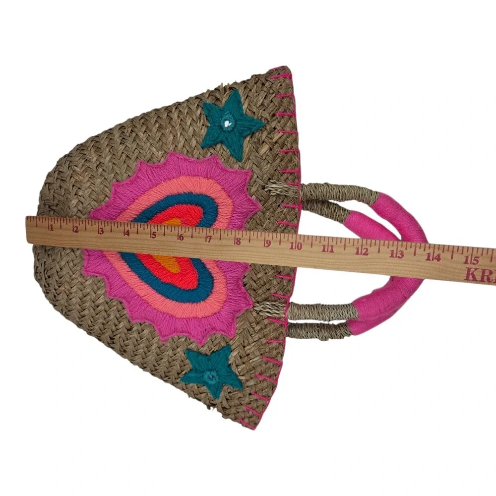 Handmade Straw Heart Medium Tote Bag Pink Boho Beachy Woven Summer Purse